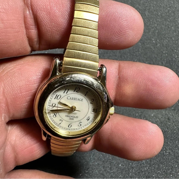 Carriage Indiglo Date Just Ladies Quartz Watch Gold Tone Stretch Band Working - Picture 3 of 10